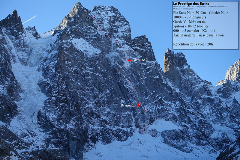 маршрут "Le Prestige des Écrins" по Северной стене горы Пик Санс Ном (Pic Sans Nom) выстой 3913 метров в массиве Экрен в французских Альпах