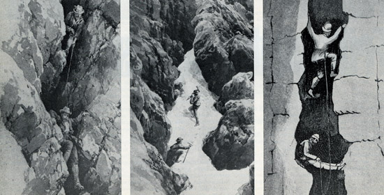 Слева направо: скалолазание в Альпах достигло уже довольно высокого уровня развития, когда в Доломиты пришли первые альпинисты. Чтобы забраться на голые скалы, нужна была специальная техника (оригинальный рисунок Е.Т. Комптона, музей Альпийского союза г. Иннсбрук).   Преодолеть заснеженный каньон (рисунок Е.Т. Комптона, музей Альпийского союза, г. Иннсбрук).  Подъем по камину (иллюстрация из книги С. Девиса «Dolomite Strongholds», Лондон, 1894 г.).