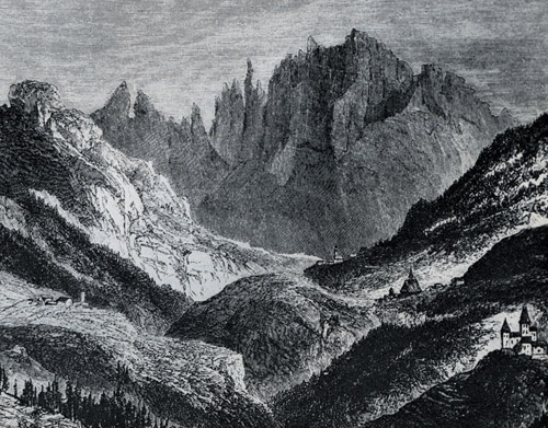 горы Розенгартен с деревнями и замками долины Эйзакталь,  впечатление от фантастического вида (гравюра 1860 г.).