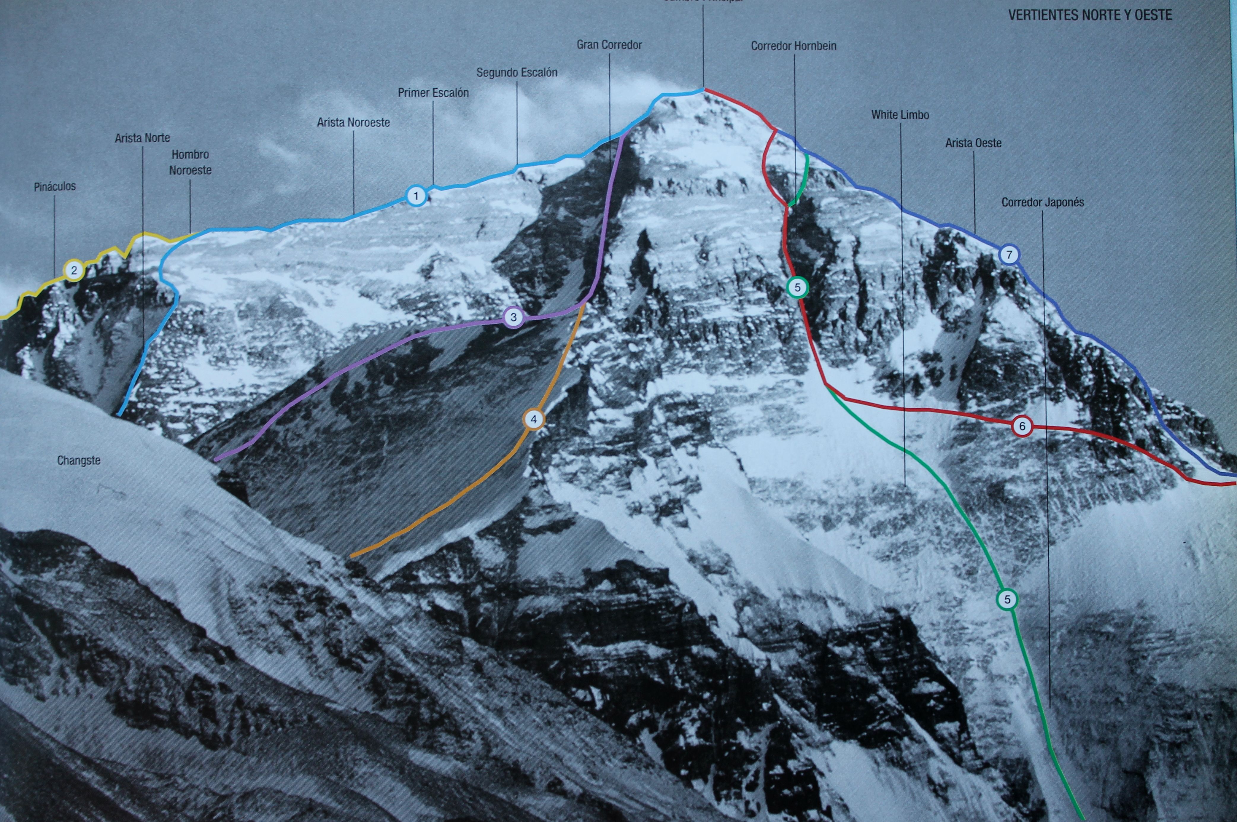 Эверест с северо-востока. Кулуар Хорнбайна (японский) - номер 4 на фото. Кулуар Нортона (австралийский) - номер 5. 