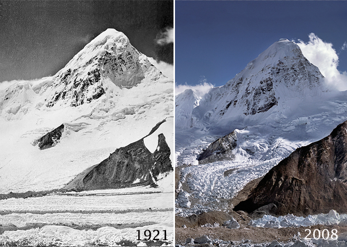 Ледник Западный Ронгбук (West Rongbuk Glacier) у Эвереста. В 1921 и 2008 годах