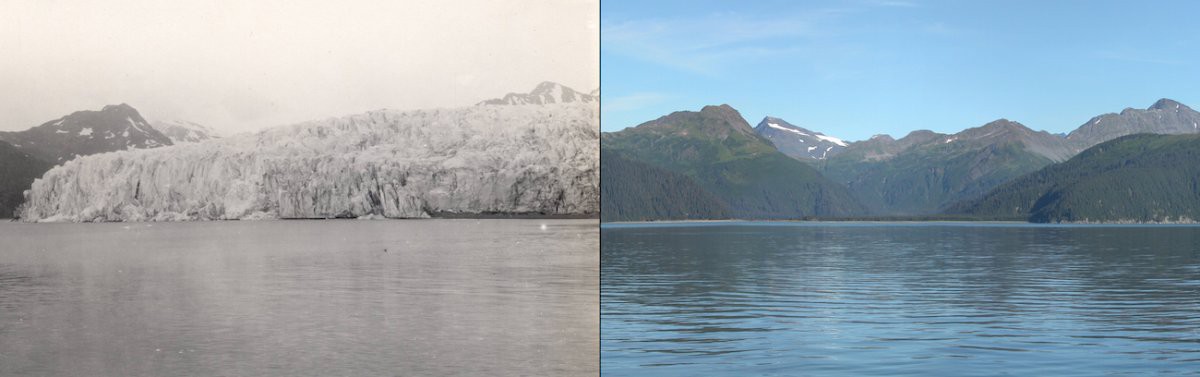Ледник Маккарти, Аляска  Похожая история и у другого ледяного исполина с Аляски – ледника Маккарти. Снимок слева датирован июлем 1909 года. А вторая фотография сделана в августе 2004. Площадь «отступления» ледника заняла более 15 километров. За состоянием ледников на Аляске ученые следят с 50-х годов прошлого века. В среднем, по данным исследователей, лед тает со скоростью порядка 1,8 метра в год. Однако за последнее десятилетие этот показатель стал увеличиваться. По мнению ученых из Аргентинского университета, таяние ледников в таких объемах происходит впервые за последние 12 тысяч лет.