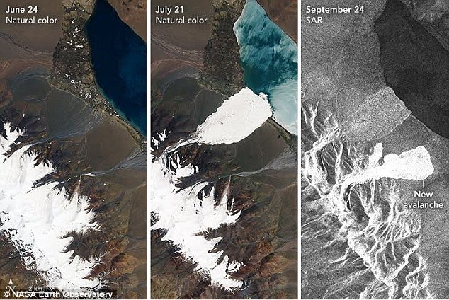 Первое изображение (слева) - площадь до схода лавин. Среднее изображение - первая лавина. Третье изображение (справа) - область после схода двух лавин.