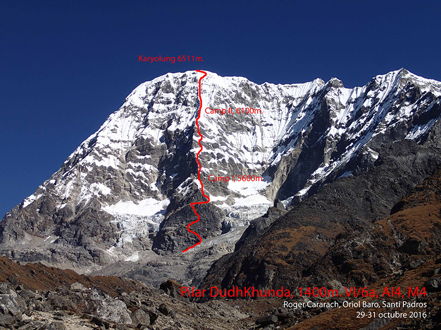 маршрут "Pilar Dudh Khunda" длинной 1400 метров и сложностями до VI / 6а, AI4, M4