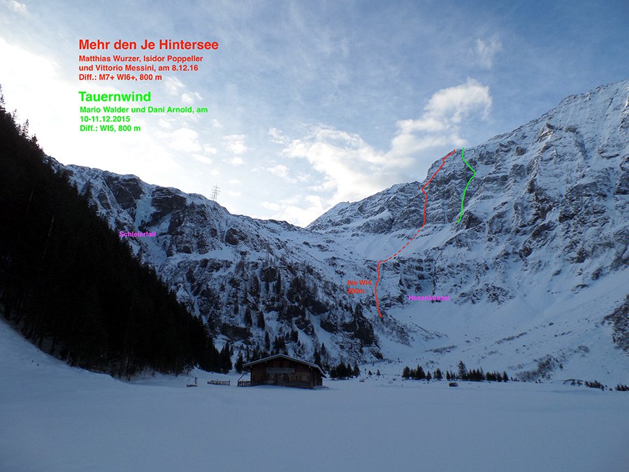 первопроход маршрута "Mehr denn je Hintersee" (800 метров, М7+ WI6+ 08/12/2016), по северо-восточной стене Hochbirghöhe (2767m), высокий Тауэрн, Австрия.