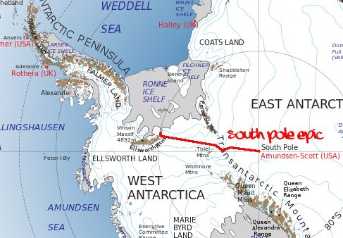 классический маршрут: Геркулесова Бухта  - Южный Полюс. Расстояние этого маршрута 1130 километров.