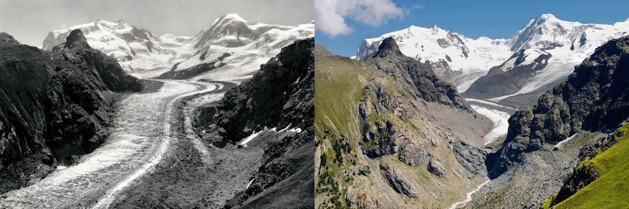 Глетчер Алеч (Aletsch-Gletscher) в 1865 и в 2010 гг.