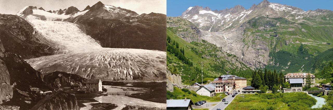 Ронский глетчер (Rhone-Gletscher) в 1855 и в 2010 гг.