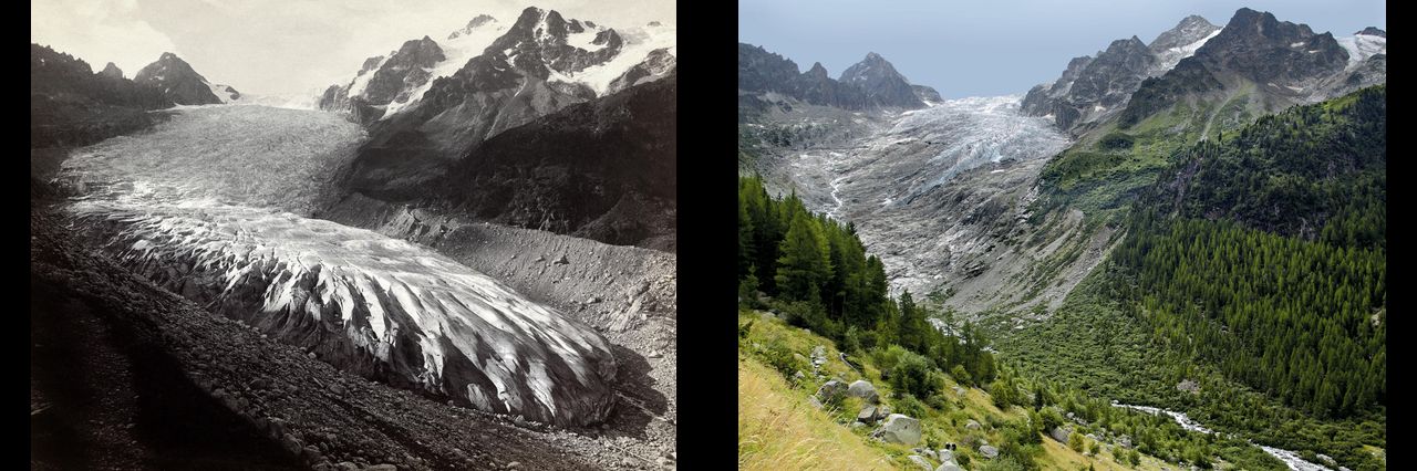 Глечтер Трифт (Trift-Gletscher) в кантоне Вале в 1891 и в 2010 гг.