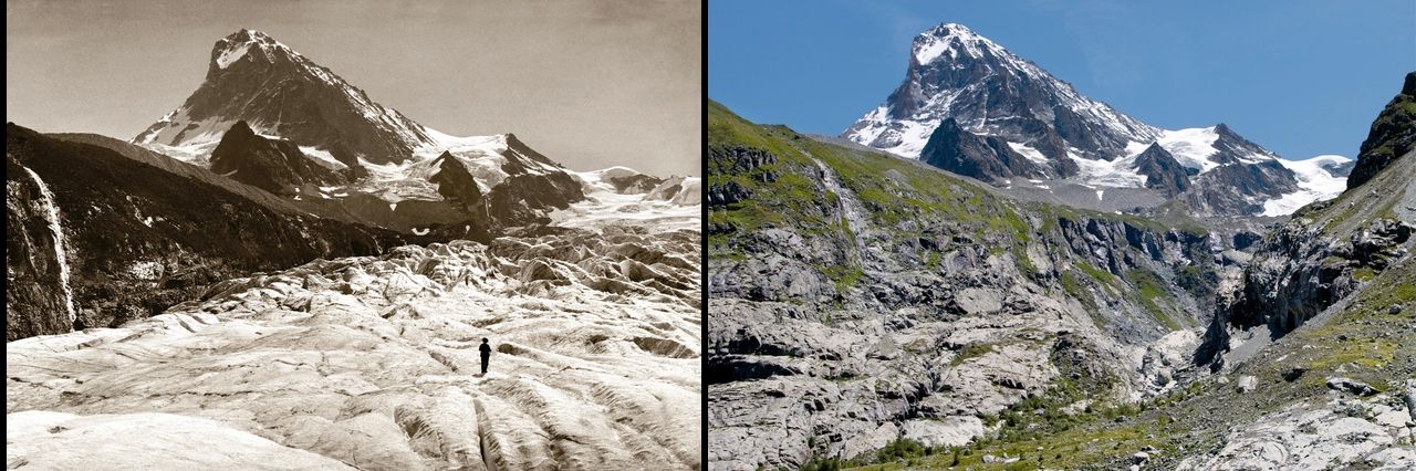 Вид на гору Дент Бланш (Dent Blanche) с глетчера Ferpècle в 1900 и в 2010 гг.