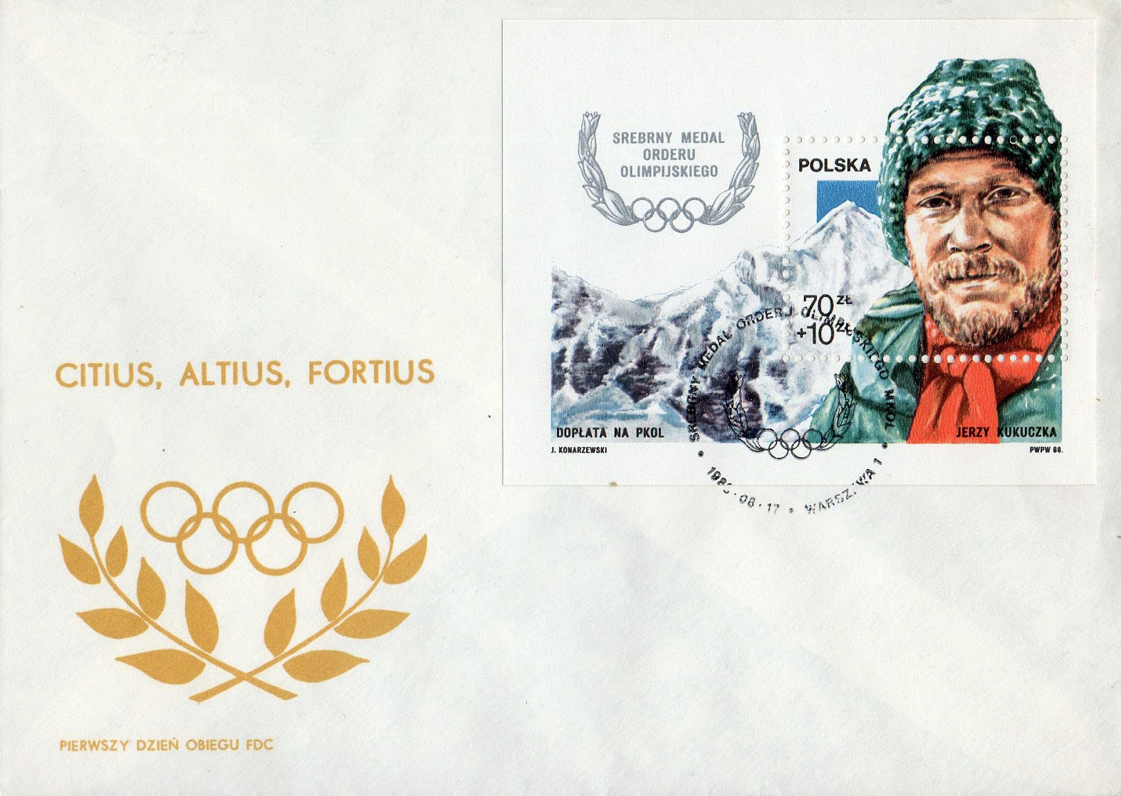 Марка с изображением серебряной медали по альпинизму, Ежи Кукучка (Jerzy Kukuczka), 1988 год