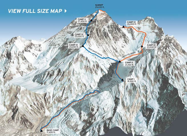голубым цветом отмечен маршрут американской команды на Эверест 1963 года по Западному гребню (West Ridge/Hornbein Couloir Route). Оранжевым цветом отмечен стандартный маршрут ан Эверест с южной, непальской стороны