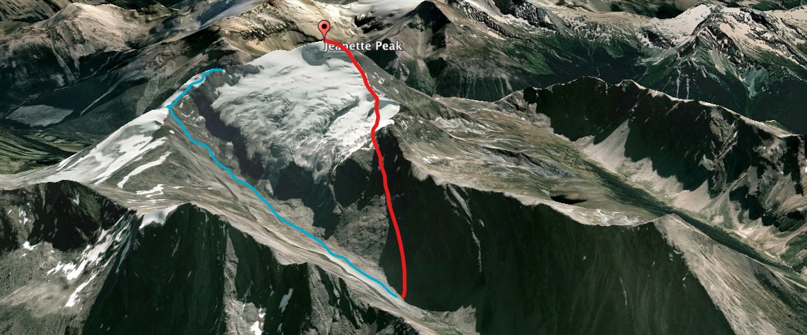 Восхождение на пик Жаннетт: маршрут синего цвета показывает первую попытку команды, завершенную на отметке 2956 метров перед крутым скальным участком.<br>Маршрут красного цвета - успешное восхождение на вершину во второй попытке. Фото Lonnie Dupre