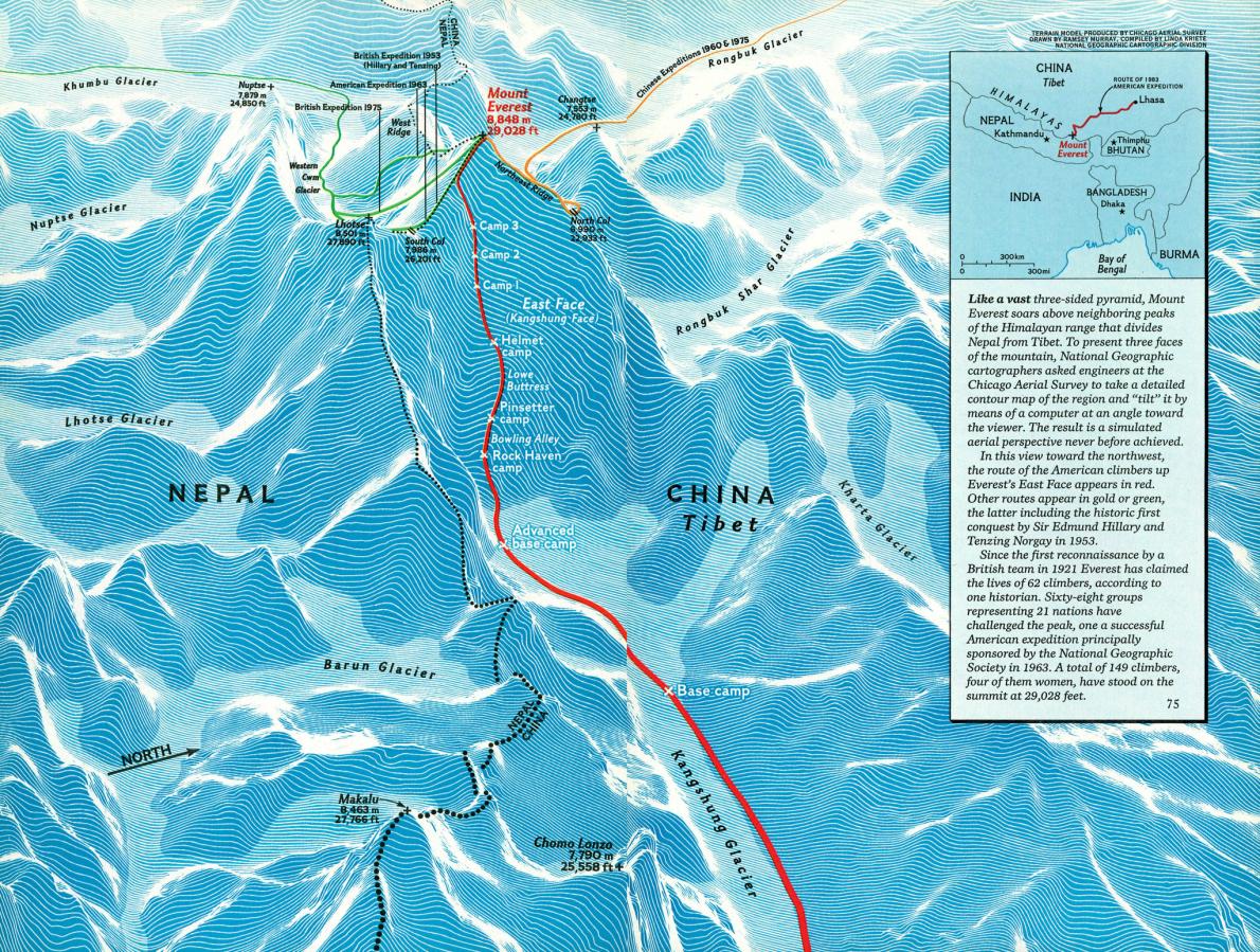  Маршрут первого восхождения по Восточной стене, 1983 год. Фото National Geographic