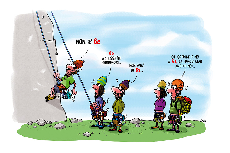 Проблема субъективных оценок категорий сложности скалолазных маршрутов. Рисунок Caio Comix / caiocomix . com