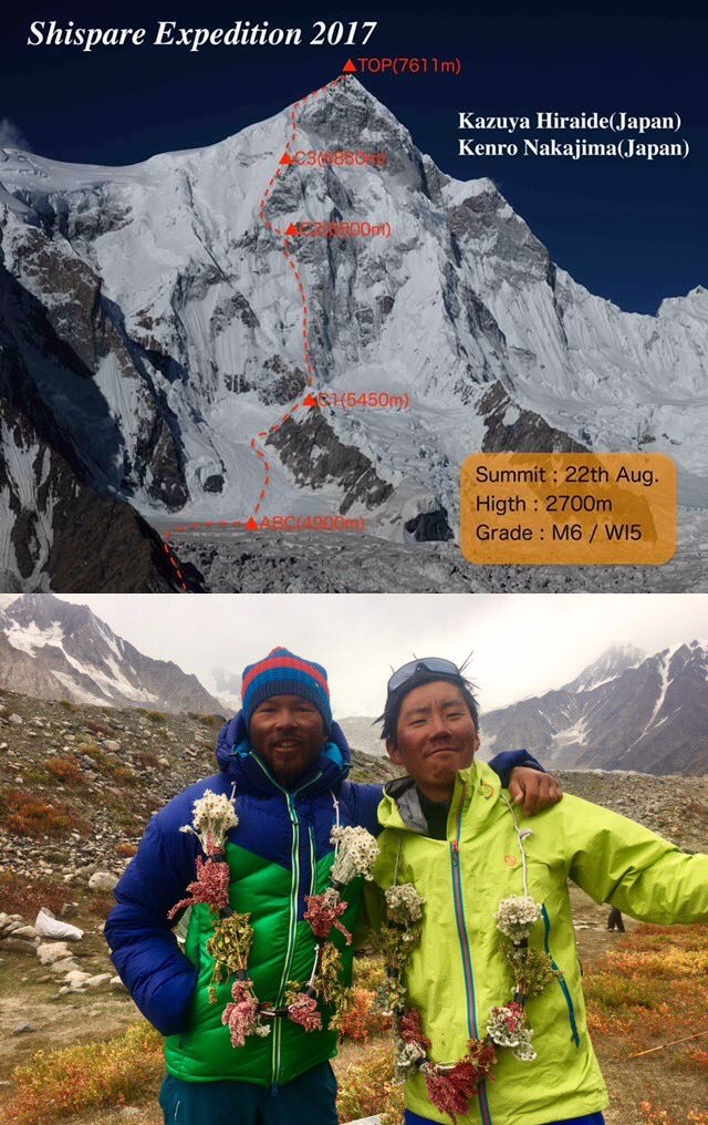 новый маршрут на пакистанской горе Шиспаре (Shispare) высотой 7611 метров. Кацуя Хирайде (Kazuya Hiraide) и Кенро Накаджима (Kenro Nakajima)