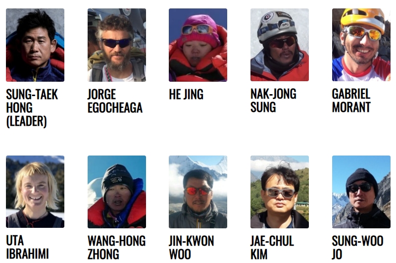 Состав команды Сунг Таек Хонга (Sung Taek Hong) к южной стене Лхоцзе в 2019 году