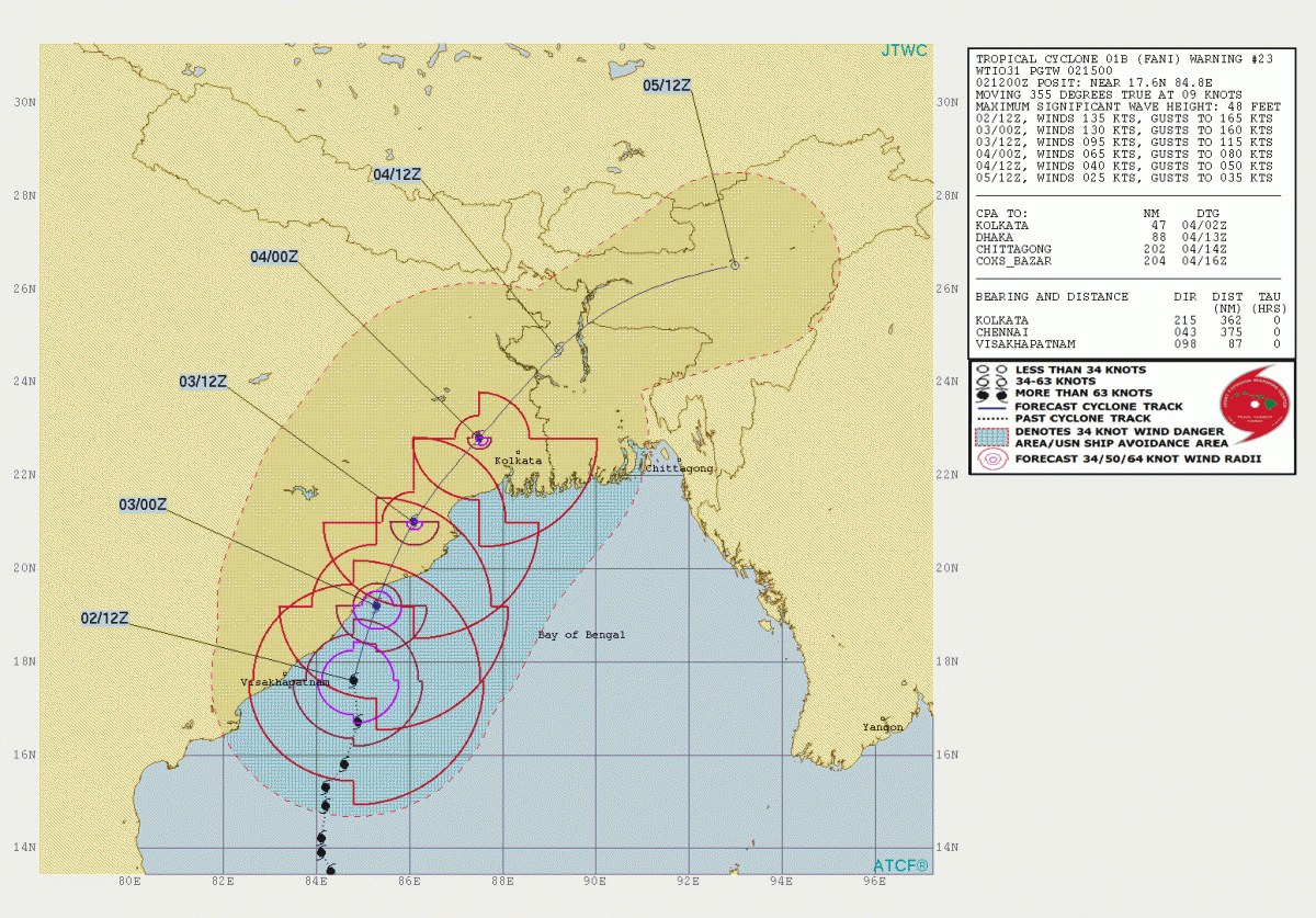 Прогнозируемое движение циклона Фани