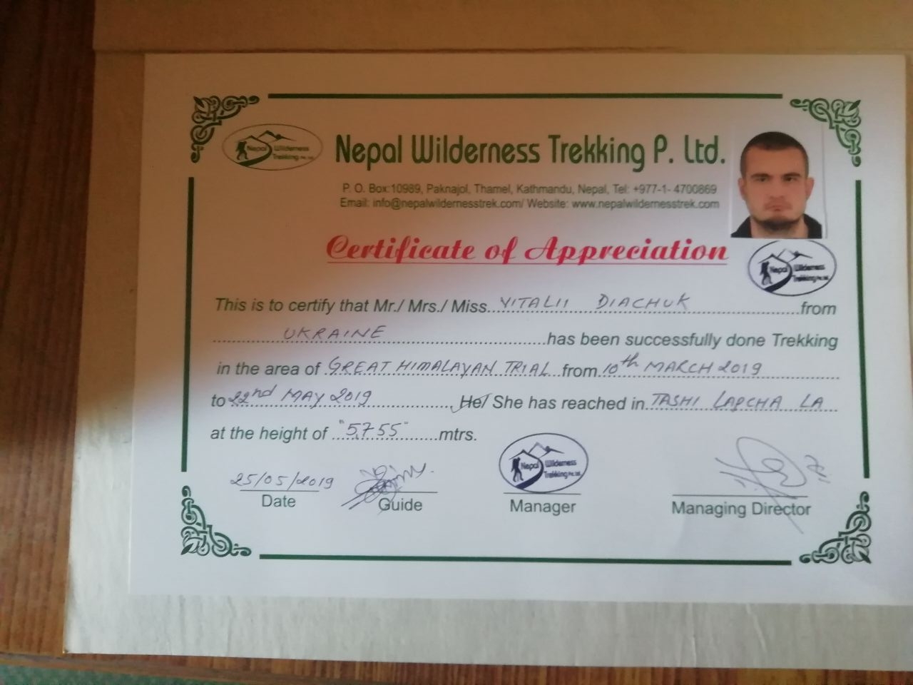 Сертификат о прохождении  "Great Himalaya Trail". Фото Виталий Дячук