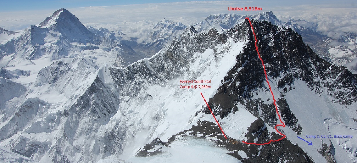 Маршрут траверса Эверест - Лхоцзе. Вид с вершины Эвереста. Фото thomas-2013-everest . com