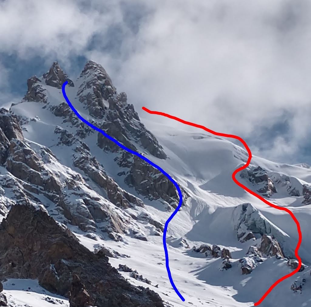 Синяя линия - маршрут восхождения на вершину Чашкин I (Chashkin I) высотой 6035 метров. Красная линия - маршрут спуска на лыжах. Фото Tico Gangulee