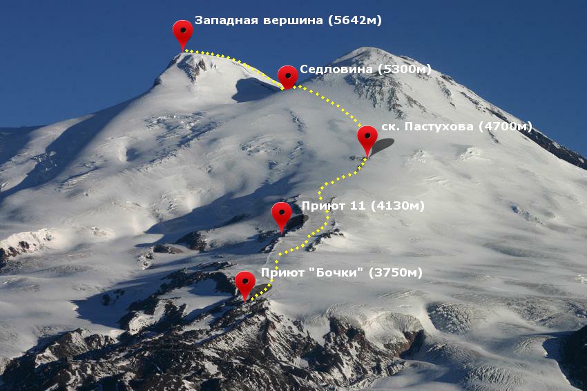 Маршрут восхождения на западную вершину горы Эльбрус (5642 м)
