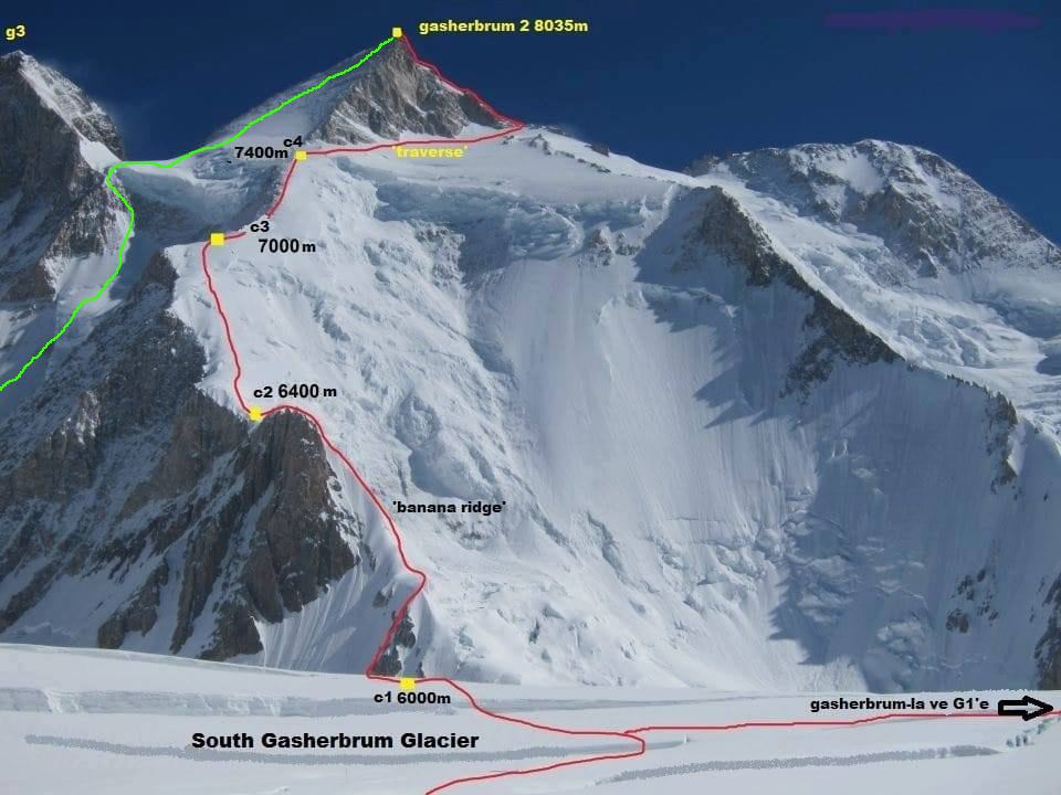 маршрут Honeymoon (зеленая линия) на вершину восьмитысячника Гашербрум II (Gasherbrum II, 8034 м). Красная линия- стандартный маршрут восхождения