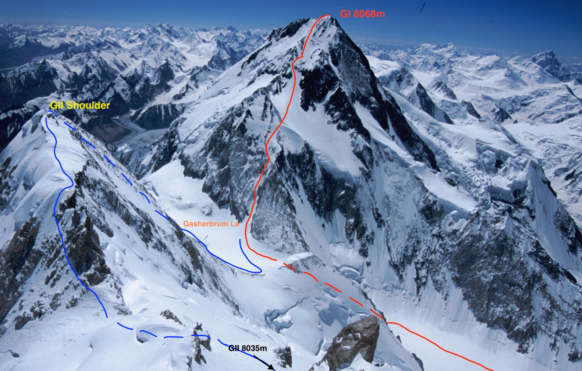 маршрут траверса Гашербрум I (Gasherbrum I, 8080 м) и Гашербрум II (Gasherbrum II, 8034 м).