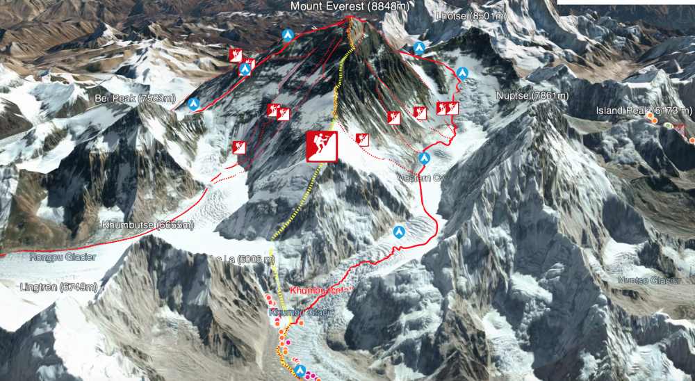 Желтым цветом обозначен маршрут по Западному гребню Эвереста, который выбрал для восхождения Йошт Кобуш