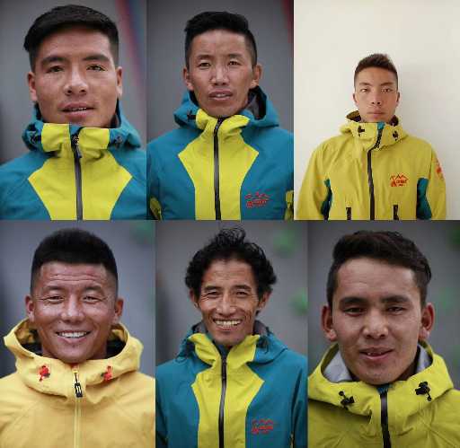 Команда шерп на Эвересте: Доржи Тшеринг (Dorjee Tsering), Тенцинг Норбу (Tenzing Norbu), Дунпа (Dunpa), Таши Гомбу (Tashi Gombu), Тшеринг Норбу (Tsering Norbu), Дорджи (Dorjee).