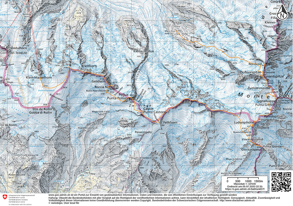 Карта маршрута "Spaghetti-Tour" в массиве Монте-Роза 