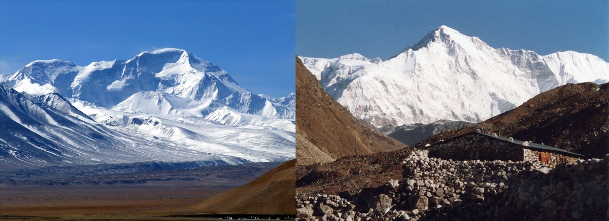 Чо Ойю (Cho Oyu) - шестая по высоте вершина мира. Вид со сторон Тибета (слева) и вид со стороны Непала (справа)