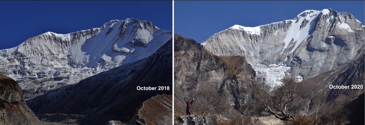 Южная стена непальской горы Сайпал (Saipal, 7031 м) в октябре 2018 года и на прошлой неделе. Фото: Basanta Pratap Singhх