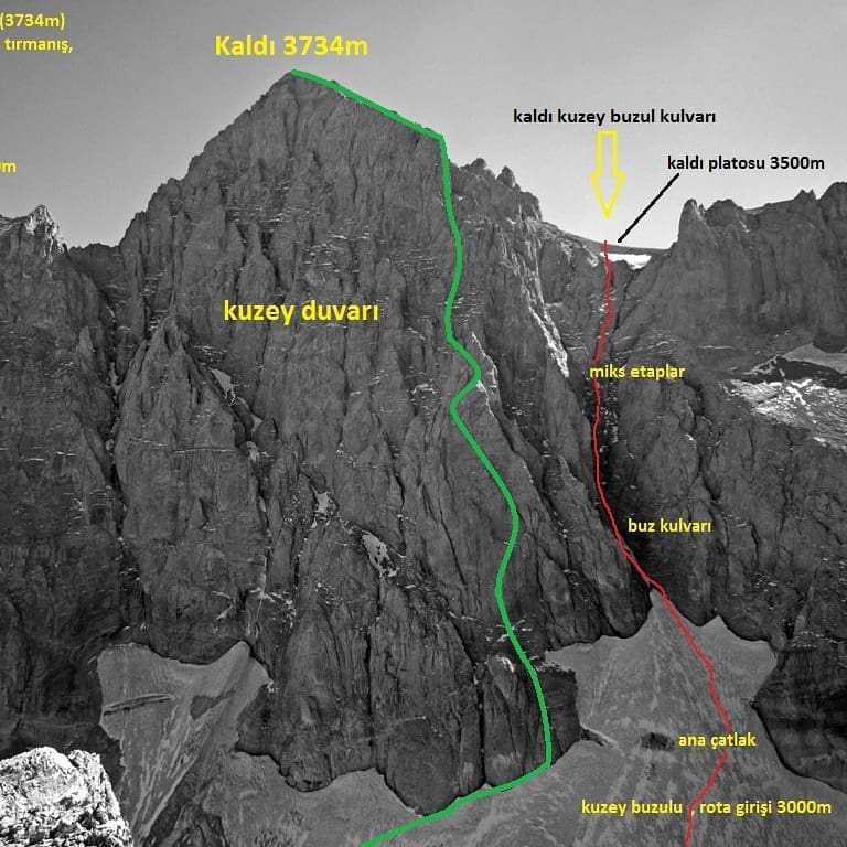  зеленым цветом  - маршрут Никиты Балабанова - Вячеслава Полежайко на вершину СЗ гребня горы Калде