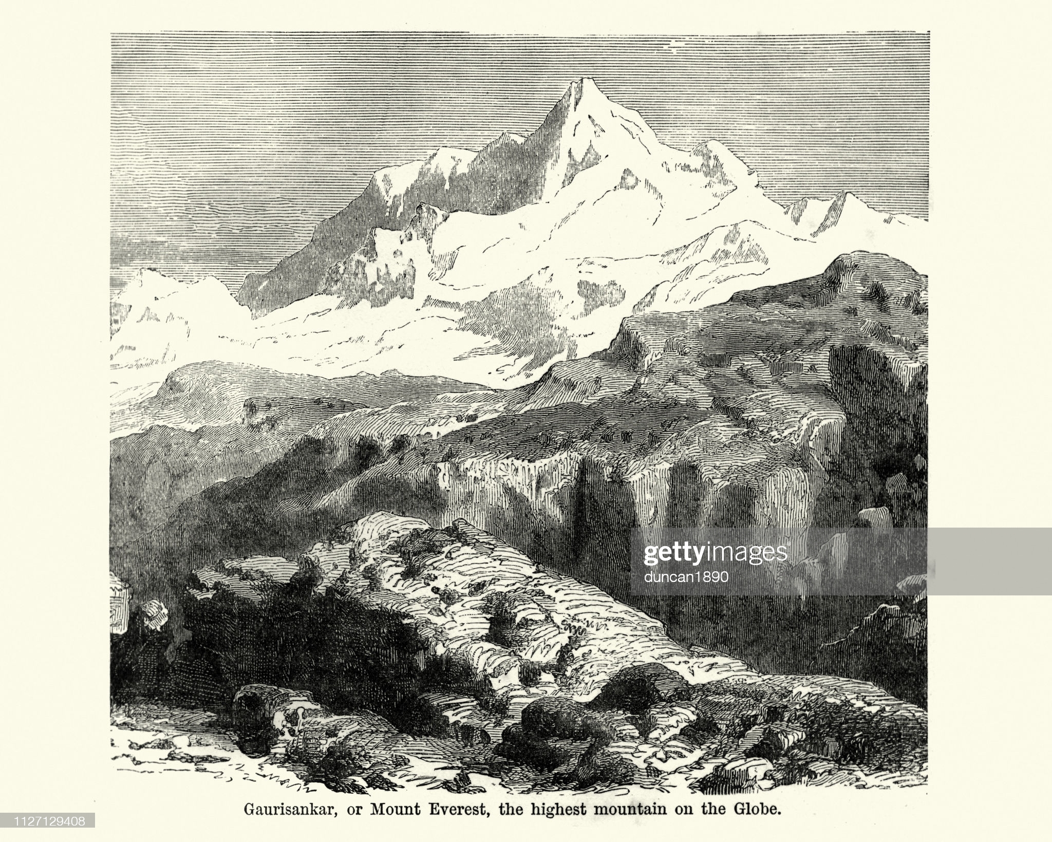 Старинная гравюра с изображением горы Эверест, XIX век