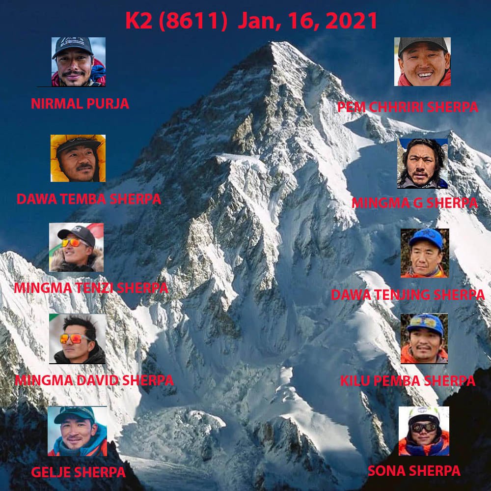 команда  Нирмала Пурджи, команда  Мингмы Шерпа и Сона Шерпа (Sona Sherpa) из команды Seven Summit Treks