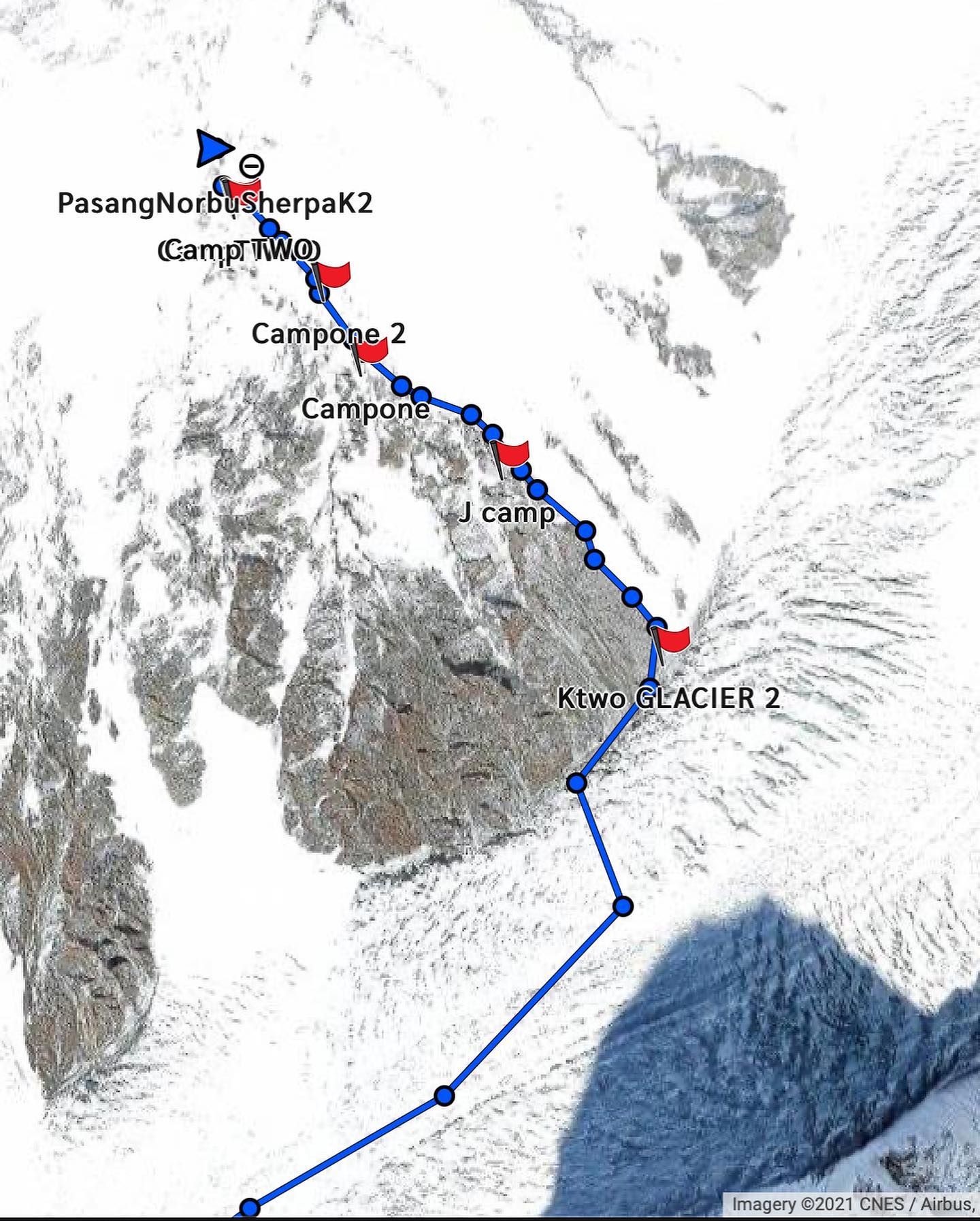 Положение Пасанг Нурбу Шерпа (Pasang Norbu Sherpa) на К2 на 13:25 по пакистанскому времени, 4 февраля 2021