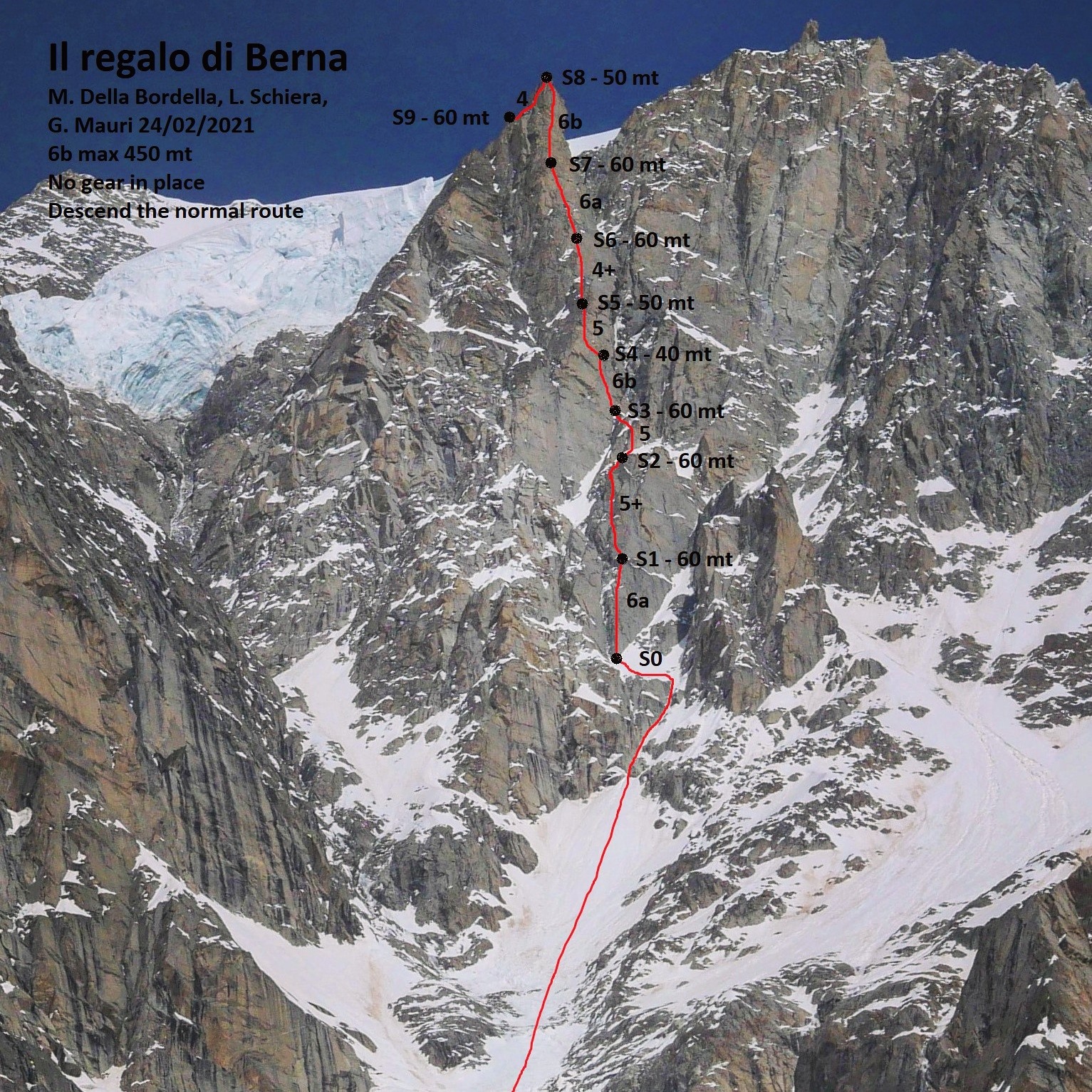 Маршрут "Il regalo di Berna" на вершину гранитного шпиля Piero Ghiglione по южной стене пика Гранд-Жорас (Grandes Jorasses, 4208 м) на Монблане.