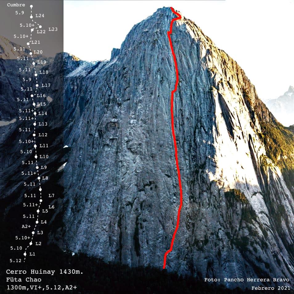 маршрут "Füta Chao" на северной стене пика Серро-Хуинай (Cerro Huinay) в горах Лос-Лагос, Чили 