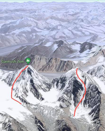 Линии горнолыжного спуска с Гармуш Зом (Garmush Zom) высотой 6244 метра и соседнего безымянного шеститысячника