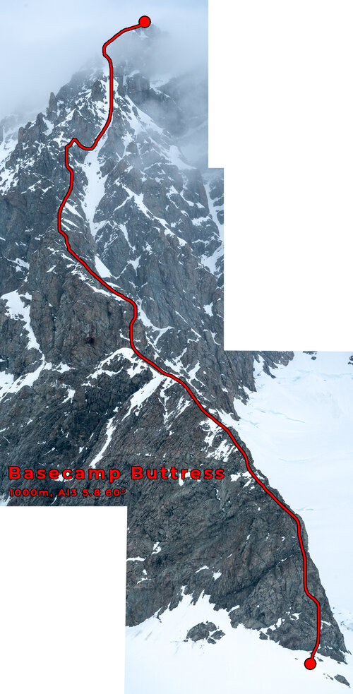 Гора МакАртур Пик (McArthur Peak). Маршрут "Basecamp Buttress" (1,000м, AI3 5.8 60°). Без выхода на вершину пика. Первопроходцы: Алик Берг, Маартен Ван Херен, 5 мая 2021