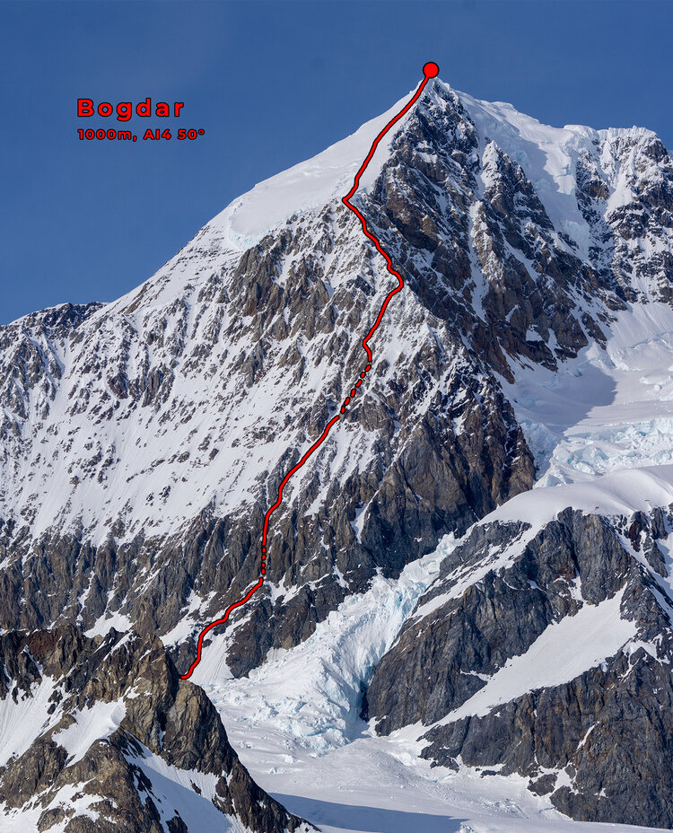 Гора Логбард (Mount Logbard). Маршрут "Bogdar" (1,000м, AI4 5.3 50°): Первопроходцы: Алик Берг, Маартен Ван Херен, 2 мая 2021