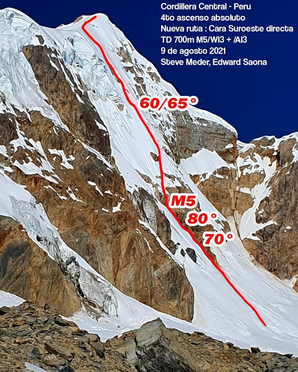 первый маршрут на ранее никем не пройденной юго-западной стене редко посещаемой вершины Невадо Суллкон (Nevado Sullcon, 5650 метров), что распложена в массиве Центральные Кордильеры (Перу).