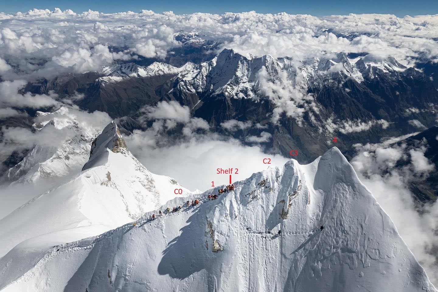 Манаслу. альпіністи, які дійдуть лише до позначок, позначених як С2 або С3 або "Shelf 2", будуть визнані учасниками сходження на передвершину