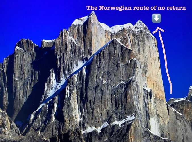 Большая Башня Транго (The Great Trango Tower), 6286 метров. Маршрут норвежцев “The route of no return” показан справа