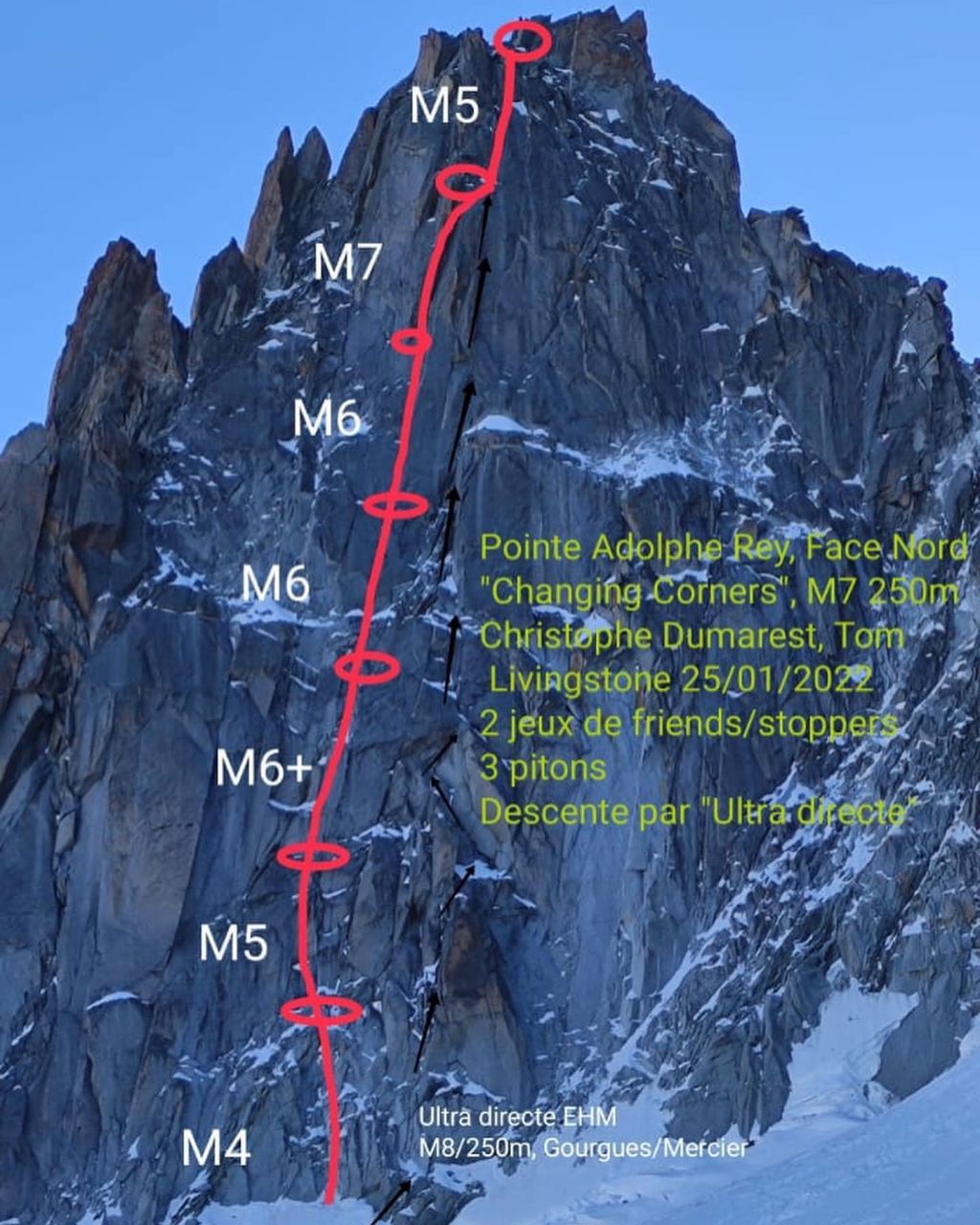 Маршрут "Changing corners"(250м, M7) по северной стене пика Пуант Адольф Ре (Pointe Adolphe Rey) высотой 3535 метров в массиве Монблан.