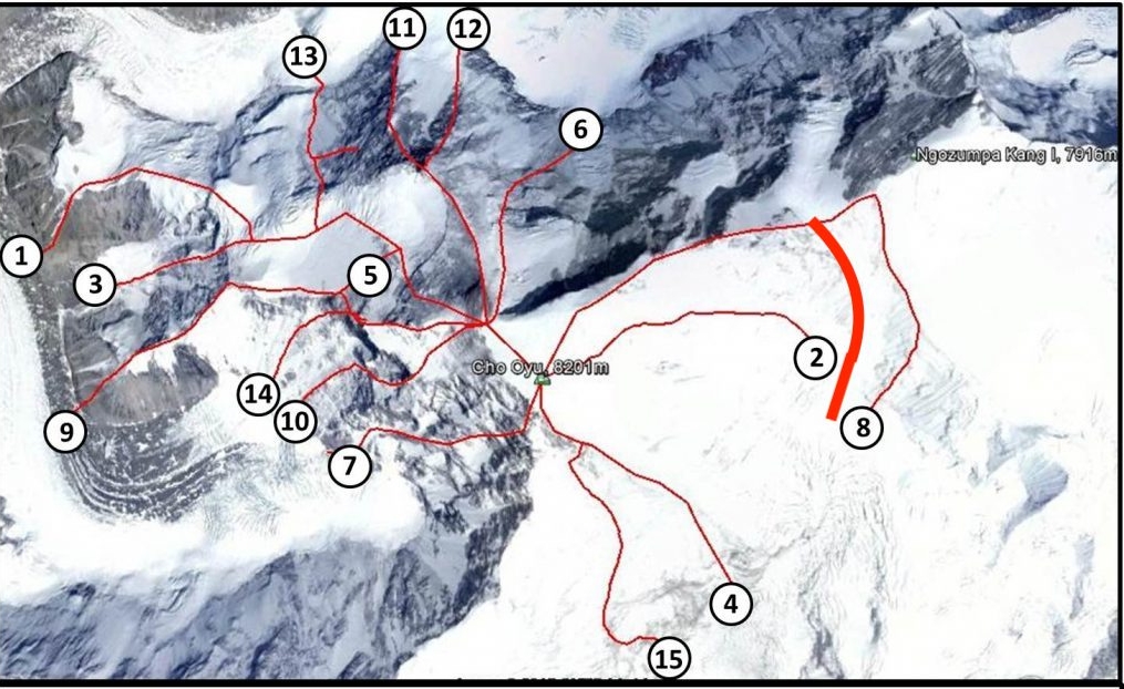 Чо-Ойю. Все маршруты восхождений. Планируемый маршрут команды Гельже Шерпы показан более толской красной линией между маршрутами 1978 и 1991 года