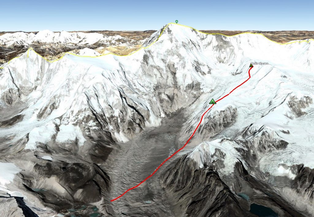 Маршрут команды Гельже Шерпа (Gelje Sherpa) в Google Earth, основанный на снимках GPS-трекера Гельже. Фото RaceTracker.es