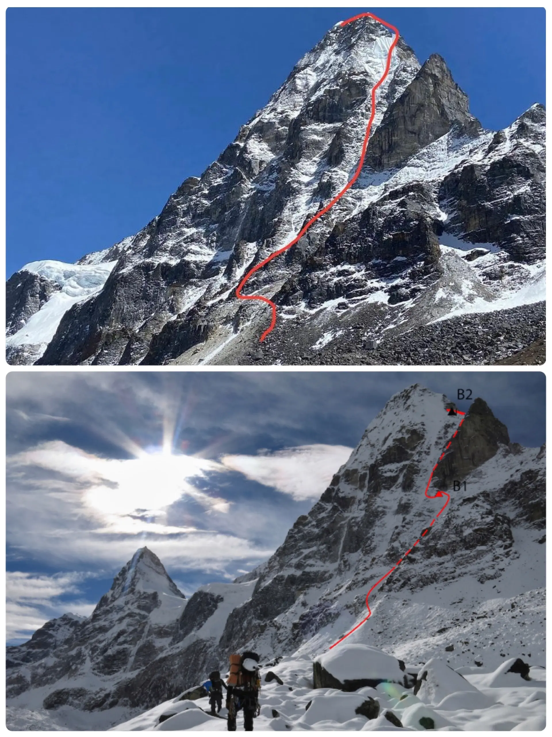 Вверху - японский маршрут 2022 года. Внизу - незаконченный маршрут чешской команды 2014 года. Северная стена Кангчунг Нуп (Kangchung Nup) высотой 6090 метров в Непале