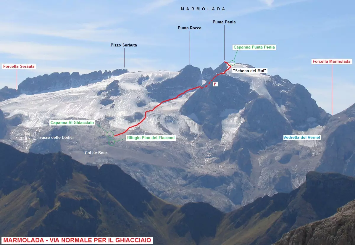 Стандартний маршрут сходження на вершину массиву Мармолада, Доломітові Альпи, Італія.